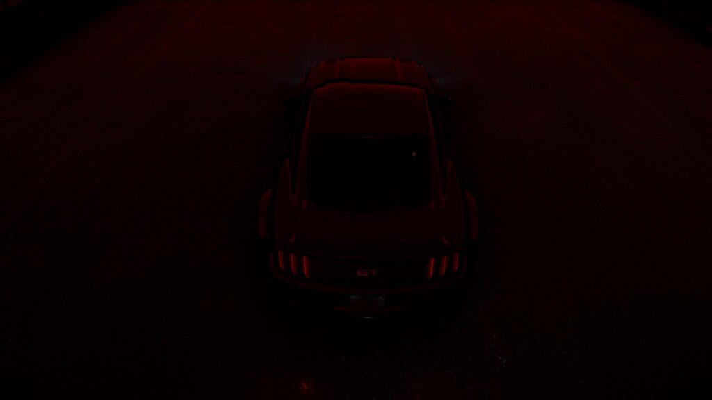 Sleek Black Ford Mustang GT in Red Ambient Lighting Desktop Wallpaper