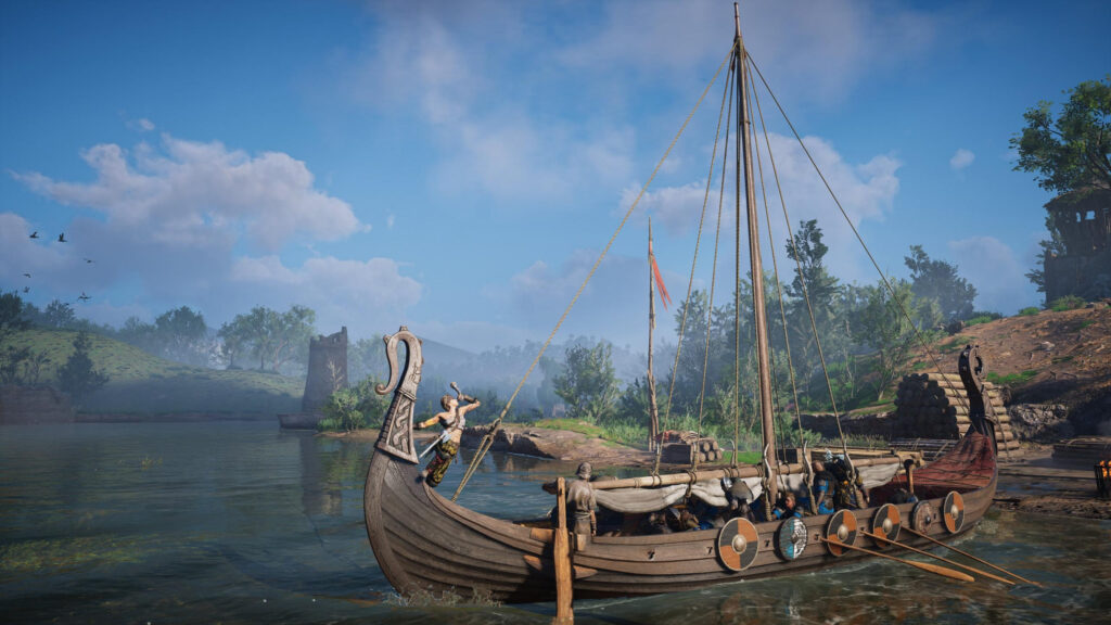 Viking Longship Sailing Through Scenic River Landscape 4K Wallpaper