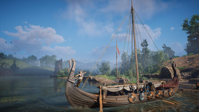 Viking Longship Sailing Through Scenic River Landscape 4K Wallpaper
