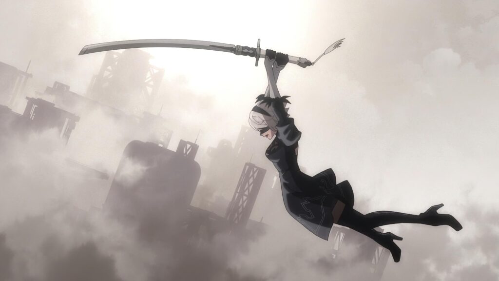 2B Nier Automata Combat Pose Over Ruined City 4K Desktop Wallpaper