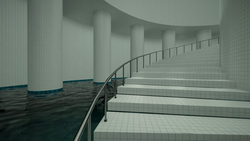 Surreal Liminal Space Poolrooms Architecture 4K Wallpaper