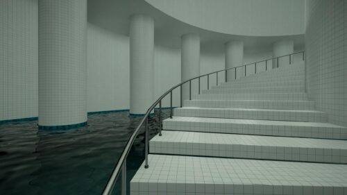 Surreal Liminal Space Poolrooms Architecture 4K Wallpaper