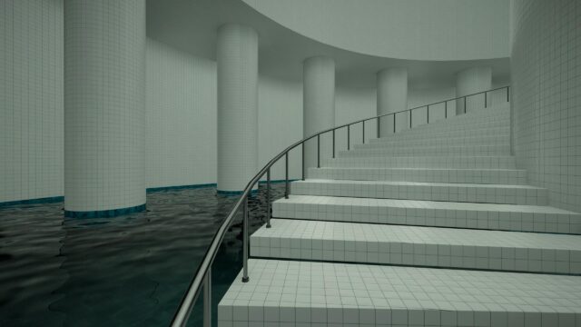 Surreal Liminal Space Poolrooms Architecture 4K Wallpaper