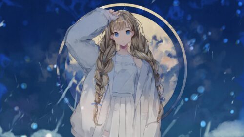 Anime Girl with Long Braided Hair Against a Circular Blue Moon Sky Desktop Wallpaper