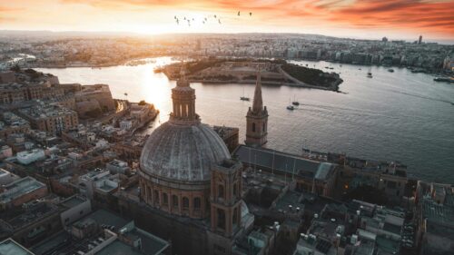 Stunning Aerial View of Valletta Malta Cathedral at Sunset 4K Wallpaper