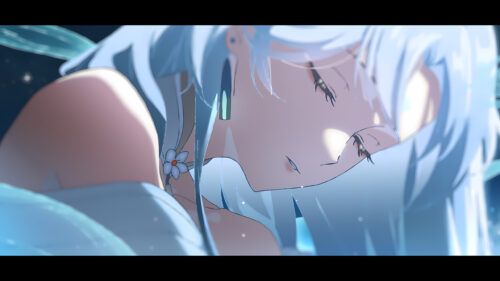 Anime Girl with Flowing Blue Hair Sleeping Under Starlight PC Wallpaper