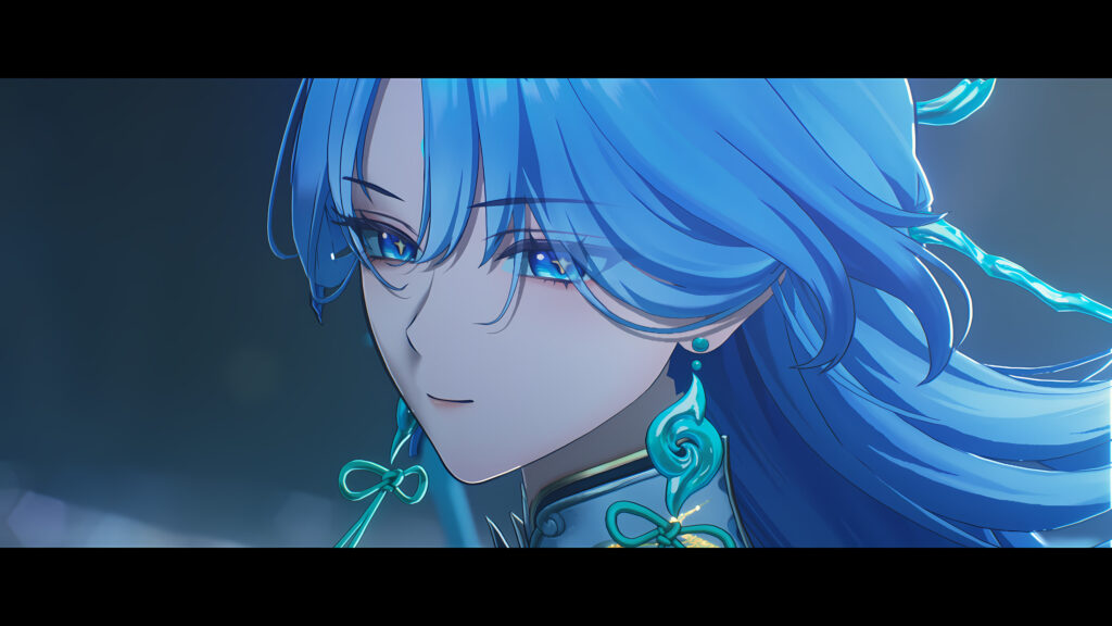 Stunning Anime Girl with Flowing Blue Hair and Mystical Earrings PC Wallpaper