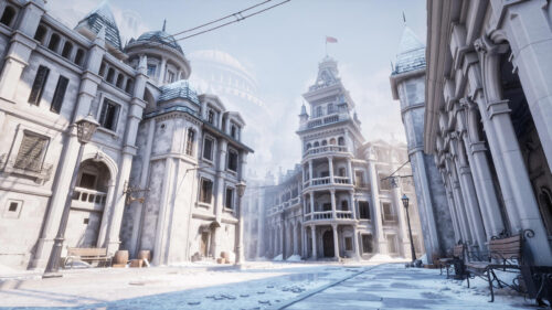 Winter Victorian Cityscape with Snowy Cobblestone Streets 4K Desktop Wallpaper