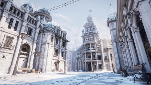 Winter Victorian Cityscape with Snowy Cobblestone Streets 4K Desktop Wallpaper
