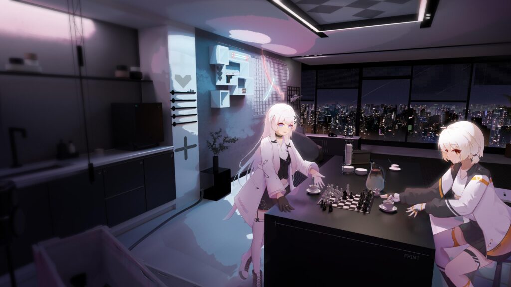 Anime Girls Playing Chess in a Modern Futuristic City Apartment 4K Wallpaper