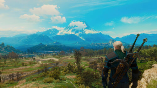 Geralt of Rivia Overlooking Toussaint Landscape Witcher 3 PC Wallpaper