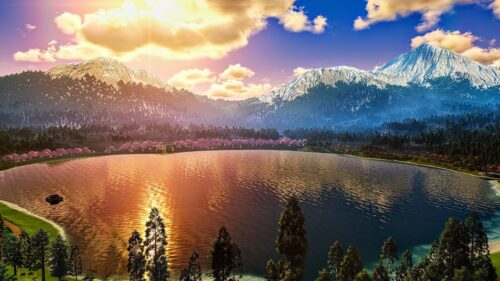 Serene Mountain Lake with Cherry Blossoms at Sunset 4K Desktop Wallpaper