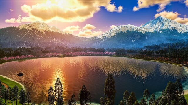 Serene Mountain Lake with Cherry Blossoms at Sunset 4K Desktop Wallpaper