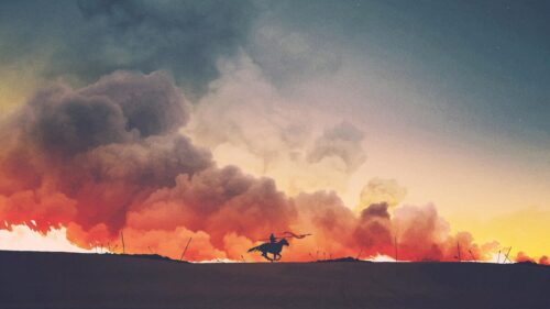 Lone Warrior Riding Into Battle Amidst Firestorm 4K Desktop Wallpaper
