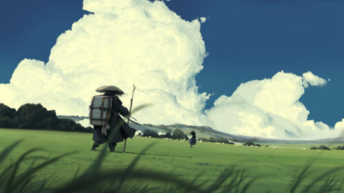 Anime Traveler Walking in Vast Green Field with Cumulus Clouds 4K Wallpaper