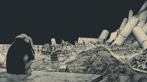 Sad Anime Girl Sitting in a Post Apocalyptic Ruined City Desktop Wallpaper