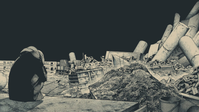 Sad Anime Girl Sitting in a Post Apocalyptic Ruined City Desktop Wallpaper