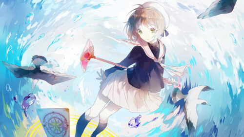 Sakura Kinomoto Anime Girl with Magical Staff and Clow Card 4K Desktop Wallpaper