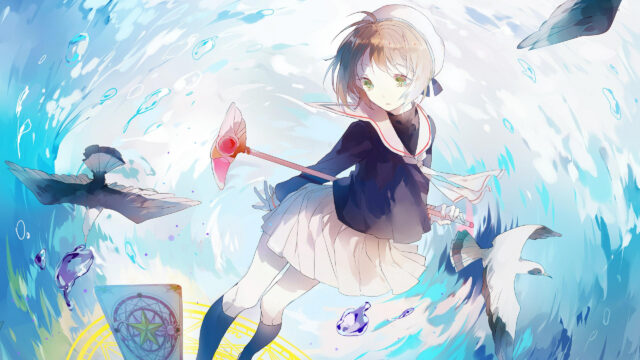 Sakura Kinomoto Anime Girl with Magical Staff and Clow Card 4K Desktop Wallpaper