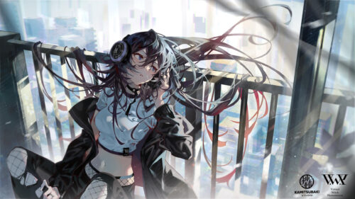 Anime Girl Wearing Headphones on Balcony Cyberpunk City 4K Desktop Wallpaper