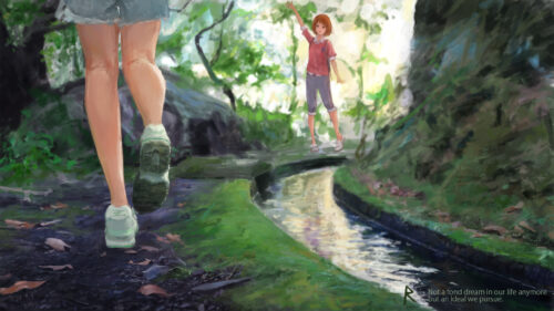 Anime Girl Walking Along a Forest Stream Scenic Desktop Wallpaper