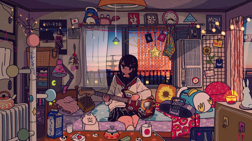 Anime Girl Playing Electric Guitar in Cozy Bedroom Aesthetic 4K Desktop Wallpaper