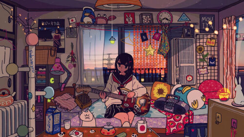 Anime Girl Playing Electric Guitar in Cozy Bedroom Aesthetic 4K Desktop Wallpaper