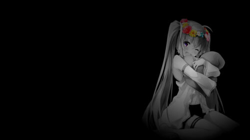 Anime Girl with Floral Crown and Plushie Minimalist Monochrome PC Wallpaper