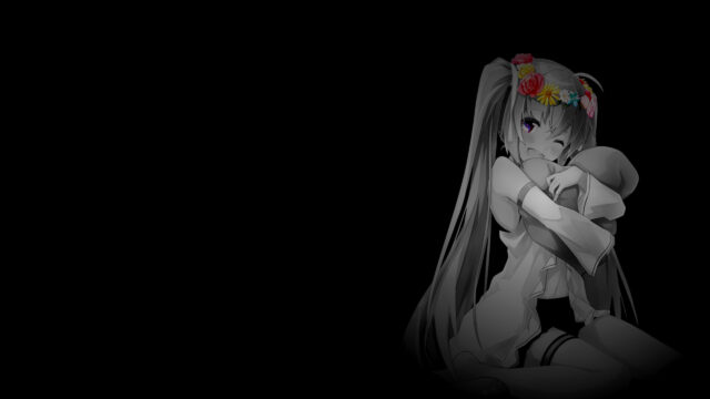 Anime Girl with Floral Crown and Plushie Minimalist Monochrome PC Wallpaper