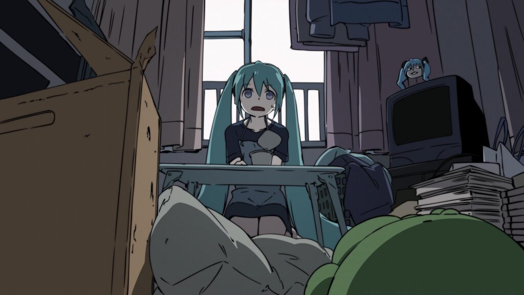 Hatsune Miku Sitting in a Messy Room Anime Style PC Wallpaper
