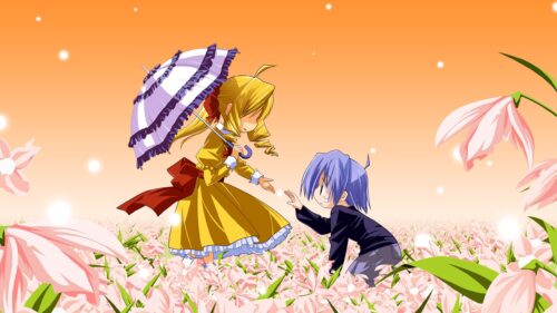 Anime Girl in Yellow Dress with Umbrella and Boy in Flower Field Desktop Wallpaper