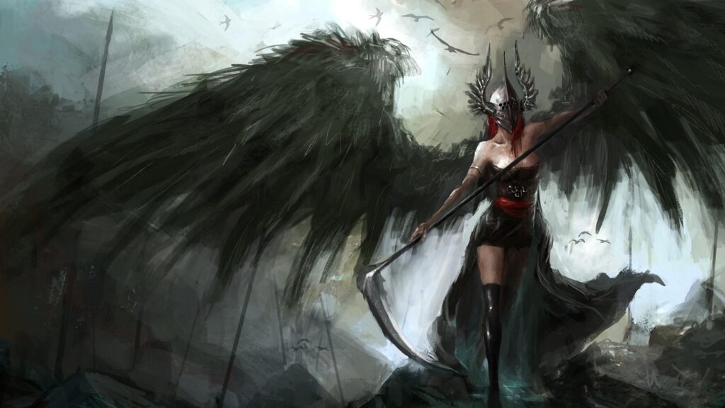 Dark Valkyrie Warrior with Winged Helmet and Scythe Desktop Wallpaper