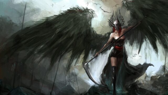 Dark Valkyrie Warrior with Winged Helmet and Scythe Desktop Wallpaper