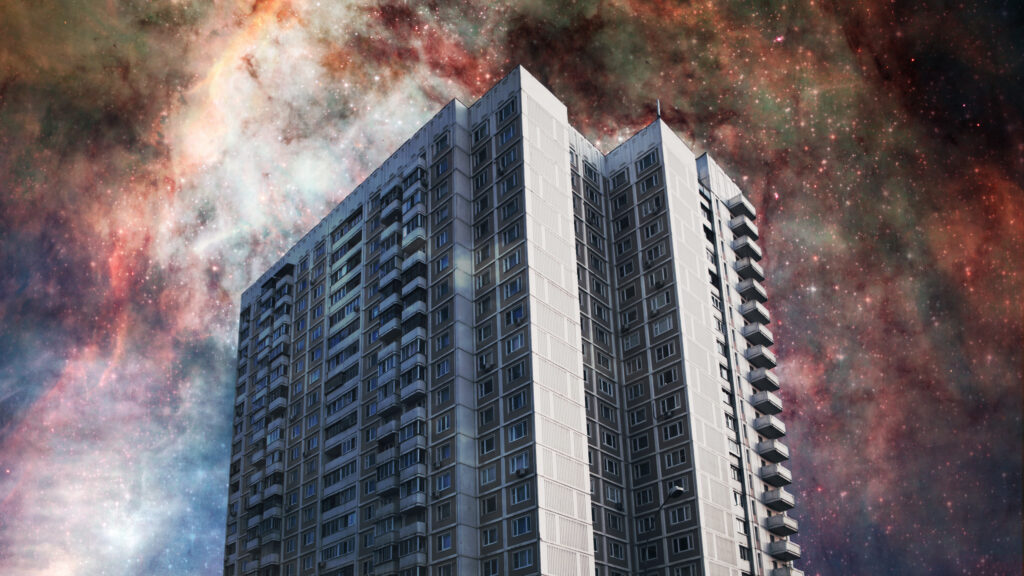 Surreal Urban Architecture Against Cosmic Galaxy Nebula Desktop Wallpaper