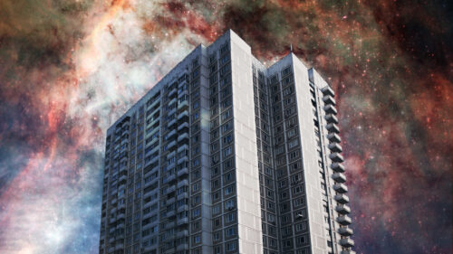Surreal Urban Architecture Against Cosmic Galaxy Nebula Desktop Wallpaper