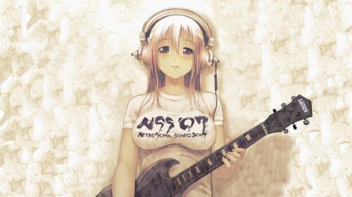 Anime Girl with Headphones and Gretsch Electric Guitar Desktop Wallpaper