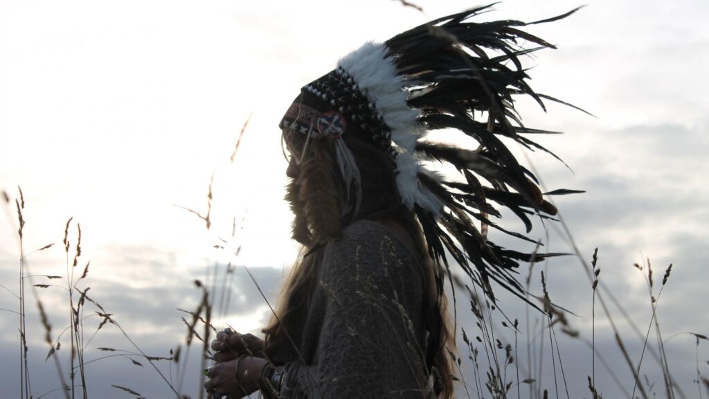 A Person Wearing a Traditional Feather Headdress in a Golden Meadow Desktop Wallpaper