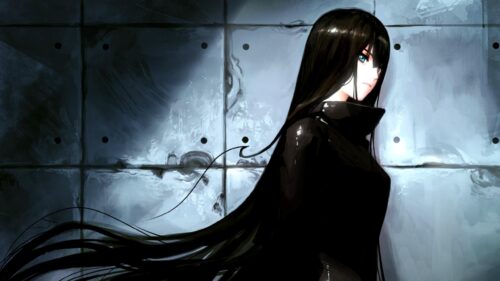 Anime Girl with Long Black Hair in Dark Cyberpunk Aesthetic Desktop Wallpaper