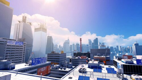 Futuristic Cityscape Skyline with Vibrant Blue Sky 4K Desktop Wallpaper