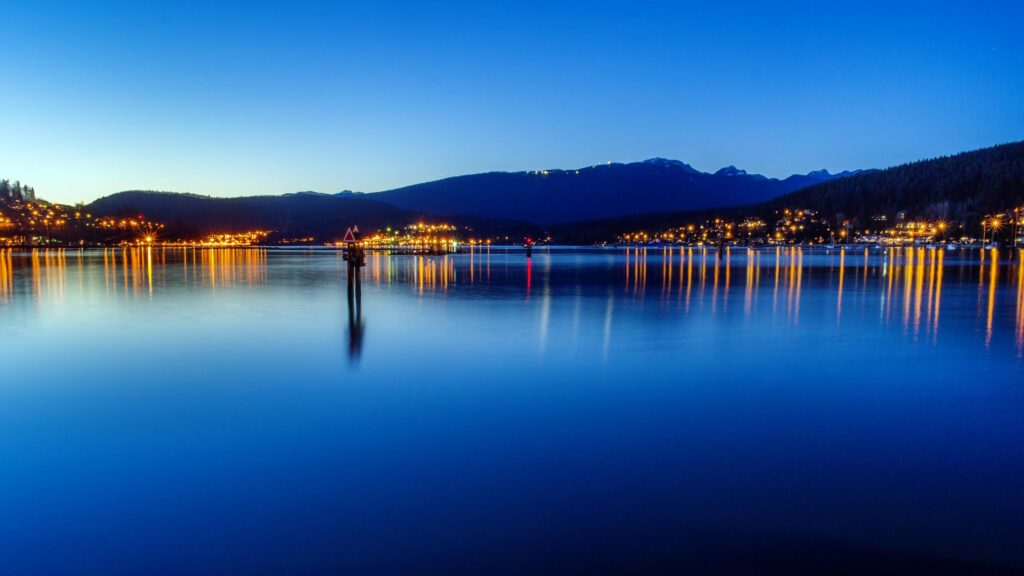 Serene Mountain Lake Landscape with City Lights at Twilight 4K Wallpaper