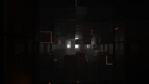 Dark Abstract Cubes with Glowing Orange Neon Lines PC Wallpaper