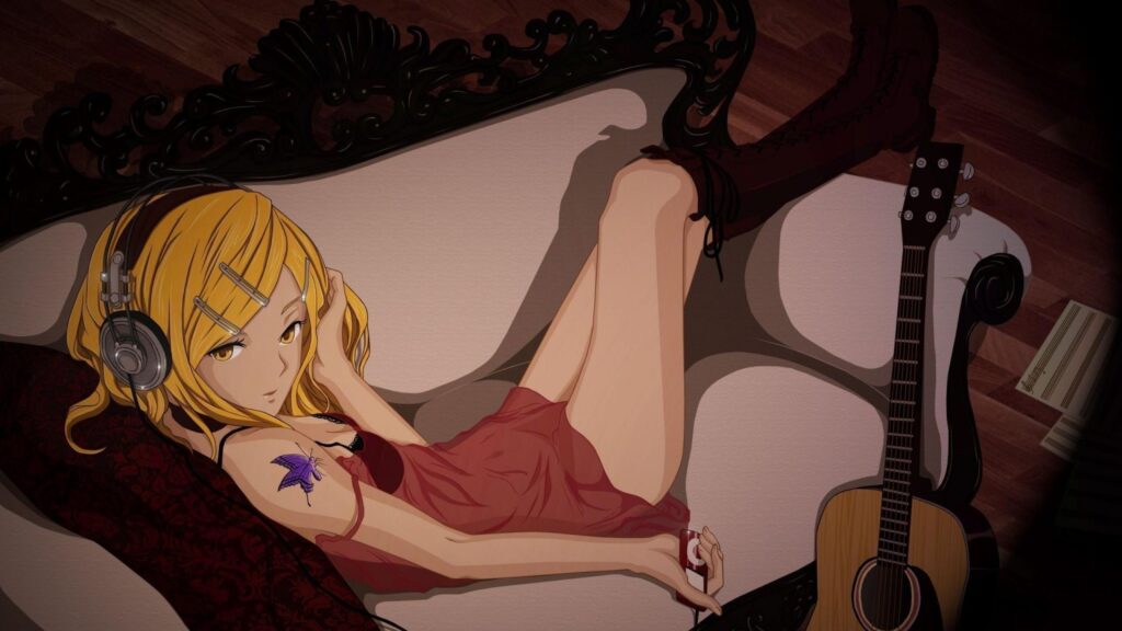Anime Girl with Headphones Relaxing on a Vintage Couch 4K Wallpaper