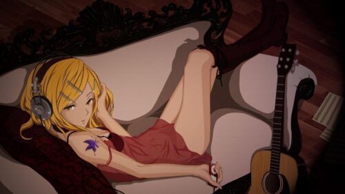 Anime Girl with Headphones Relaxing on a Vintage Couch 4K Wallpaper