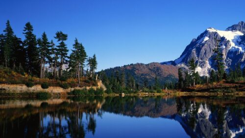 Stunning Snowy Mountain Peak Reflection Over Calm Alpine Lake Desktop Wallpaper