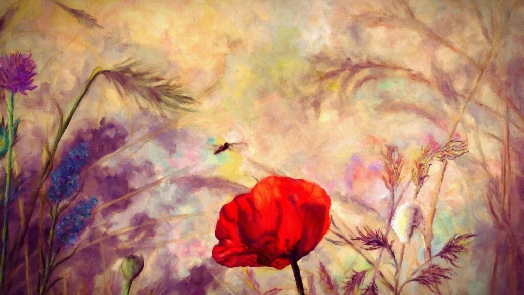 Impressionist Style Red Poppy Flower and Flying Bee Painting PC Wallpaper