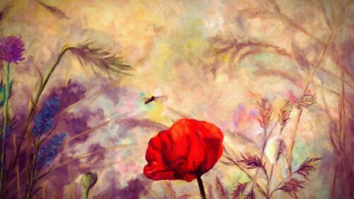 Impressionist Style Red Poppy Flower and Flying Bee Painting PC Wallpaper