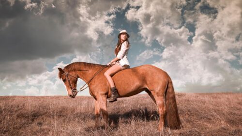 Beautiful Cowgirl Riding Horse in Golden Field 4K Desktop Wallpaper