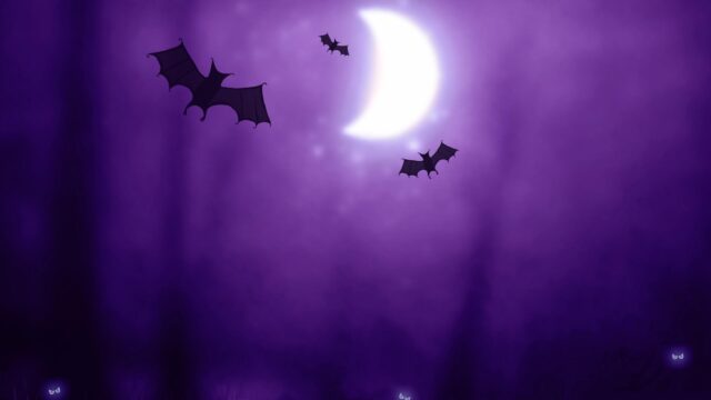 Mystical Purple Forest Night with Bats and Crescent Moon Desktop Wallpaper