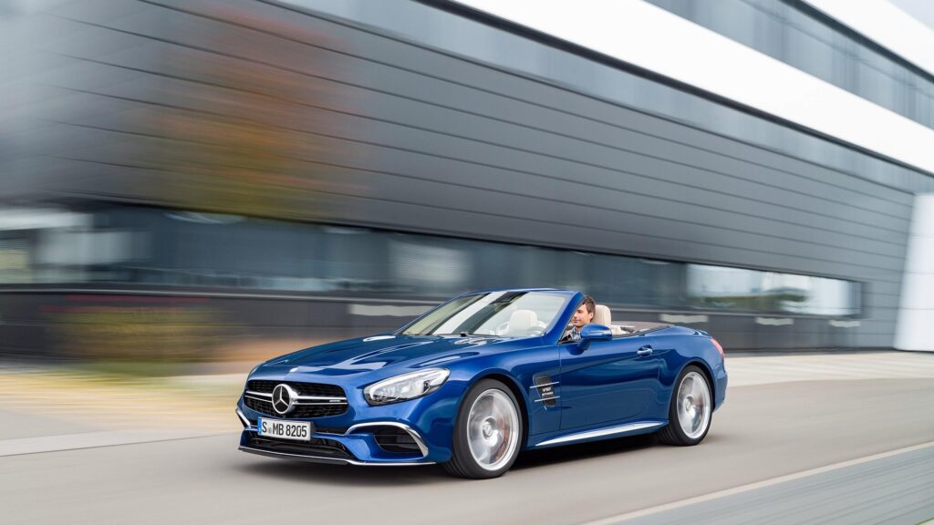 Blue Mercedes Benz SL Class Roadster Driving Fast PC Wallpaper