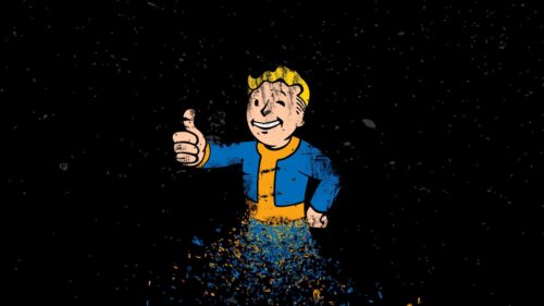 Fallout Vault Boy Disintegrating Minimalist Dark 4K Desktop Wallpaper